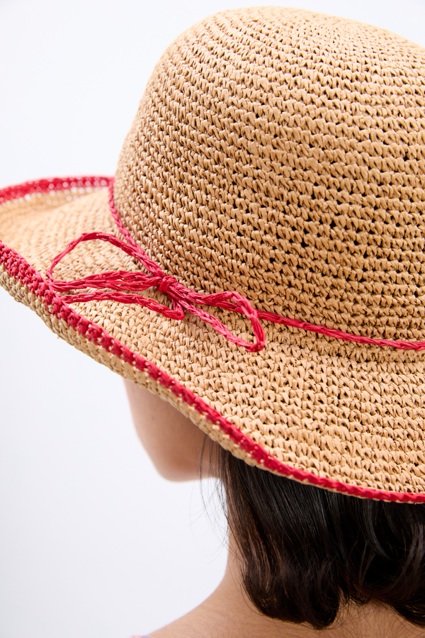 Damson Madder Roll Back Raffia Hat With Red Bow Detail