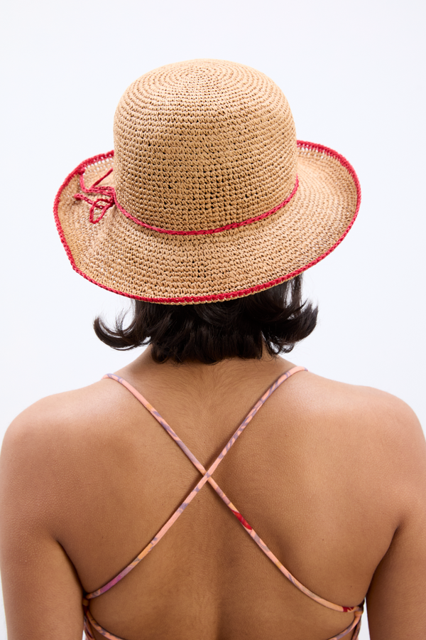 Damson Madder Roll Back Raffia Hat With Red Bow Detail