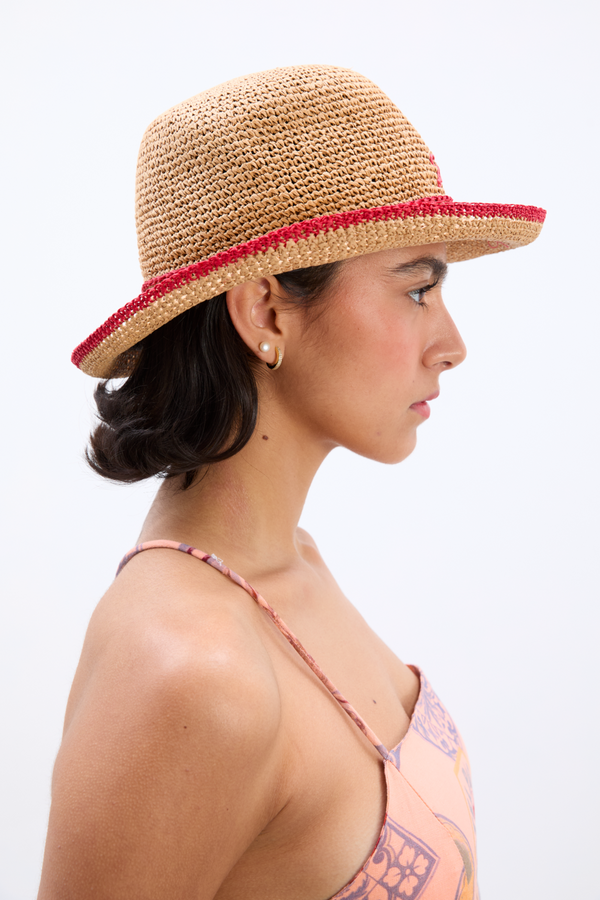 Damson Madder Roll Back Raffia Hat With Red Bow Detail