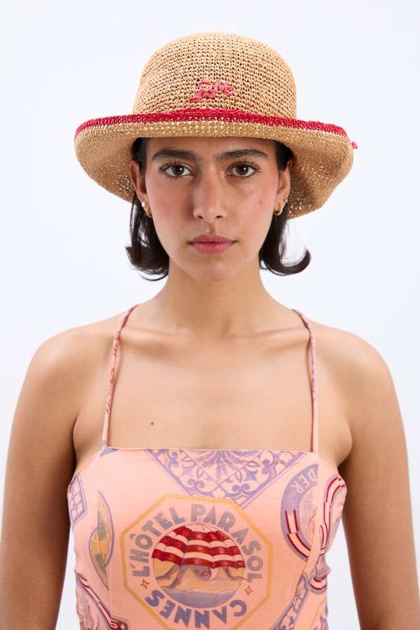 damson madder roll back raffia hat with red bow detail