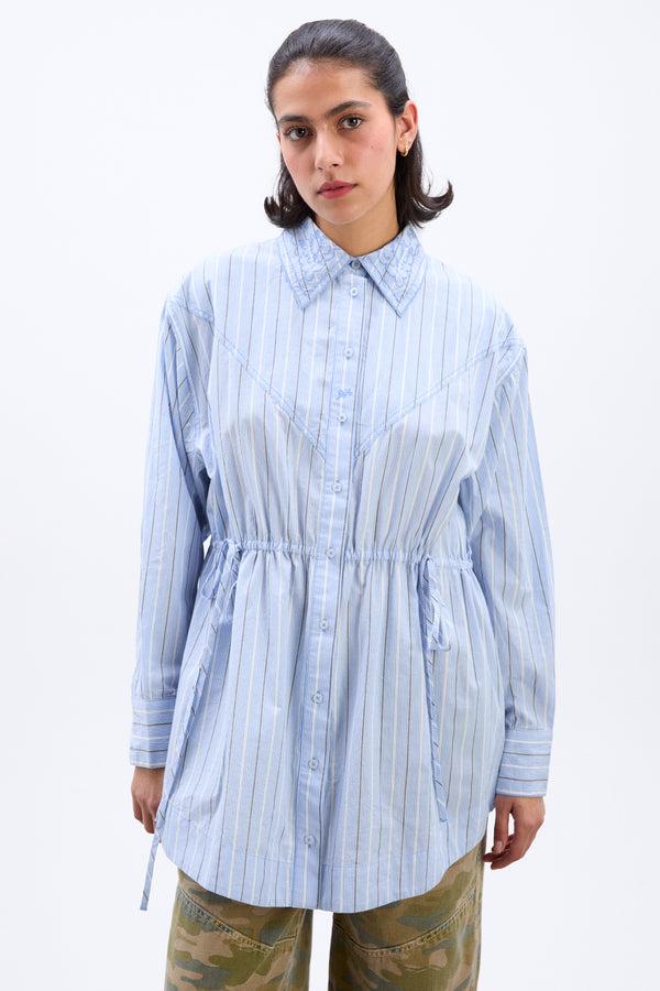damson madder romy embroidered shirt - narrow business stripe