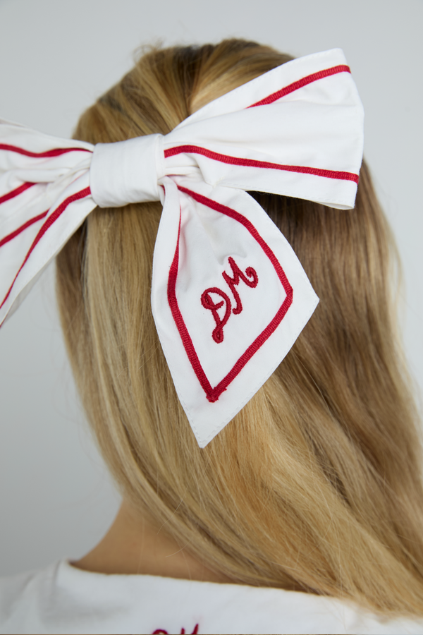 Damson Madder Sailor Bow Clip - White With Red Piping