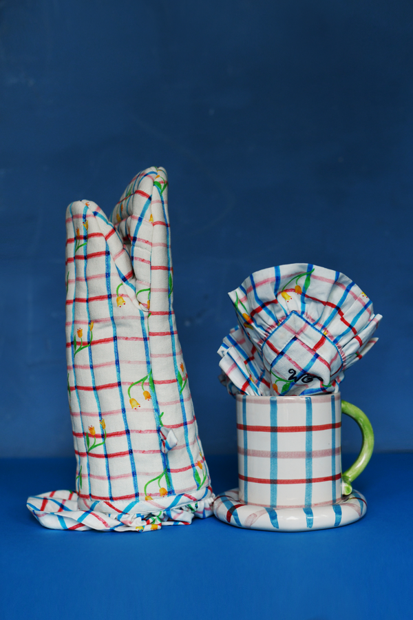 Damson Madder Set Of 2 Tea Towel - Tulip Check/ Pink Cherry