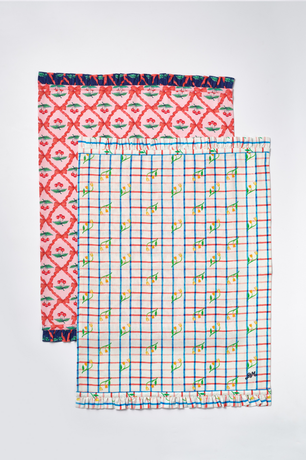 Damson Madder Set Of 2 Tea Towel - Tulip Check/ Pink Cherry