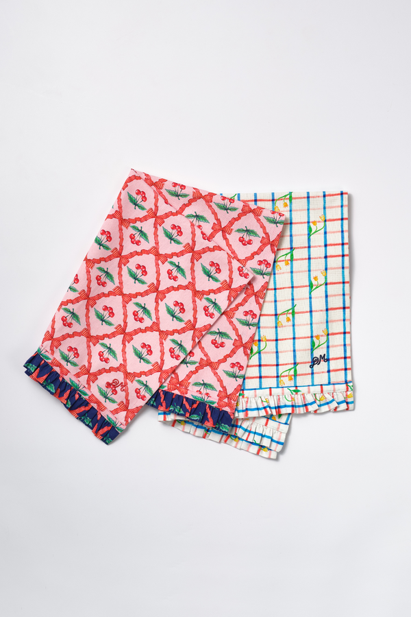 Damson Madder Set Of 2 Tea Towel - Tulip Check/ Pink Cherry