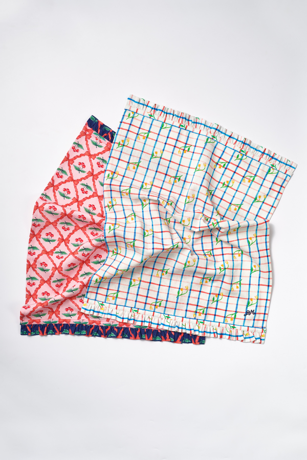damson madder set of 2 tea towel - tulip check/ pink cherry