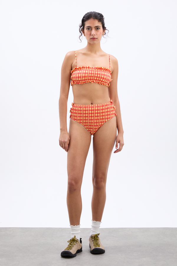 Damson Madder Shirred Bow Bikini Top - Orange Gingham