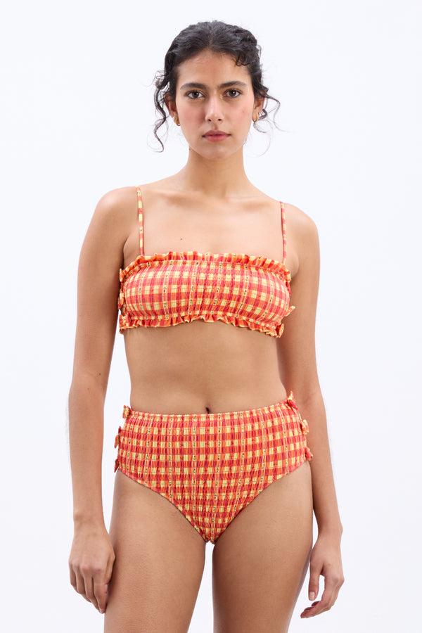 damson madder shirred bow bikini top - orange gingham