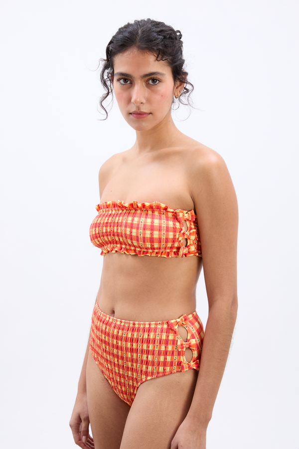 Damson Madder Shirred Bow High Bikini Bottoms - Orange Gingham