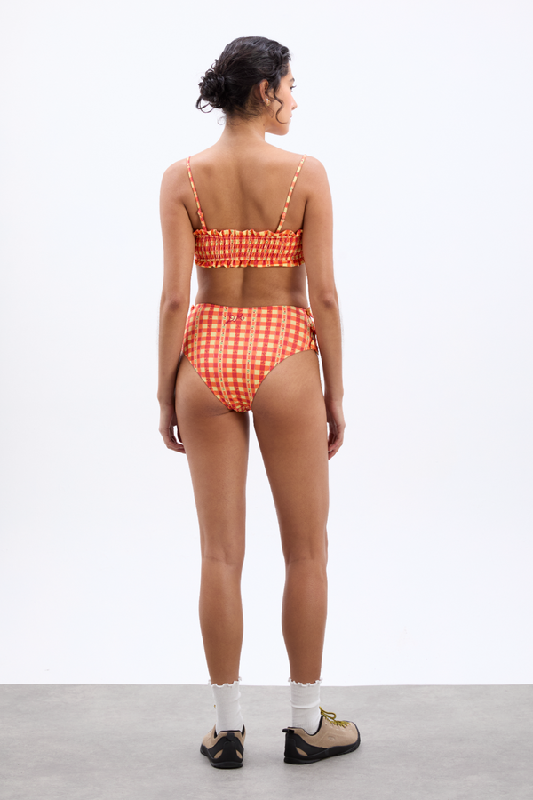 Damson Madder Shirred Bow High Bikini Bottoms - Orange Gingham