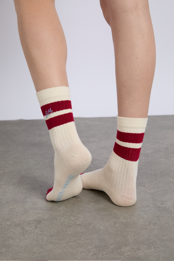 Damson Madder Sporty Calf Length Socks In Cream And Red