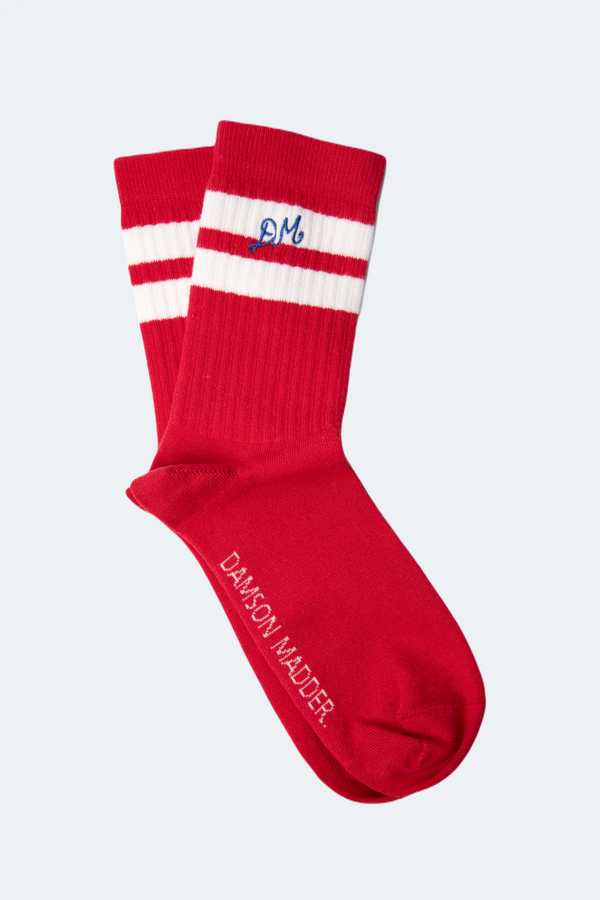 damson madder sporty calf length socks in red with ecru stripe