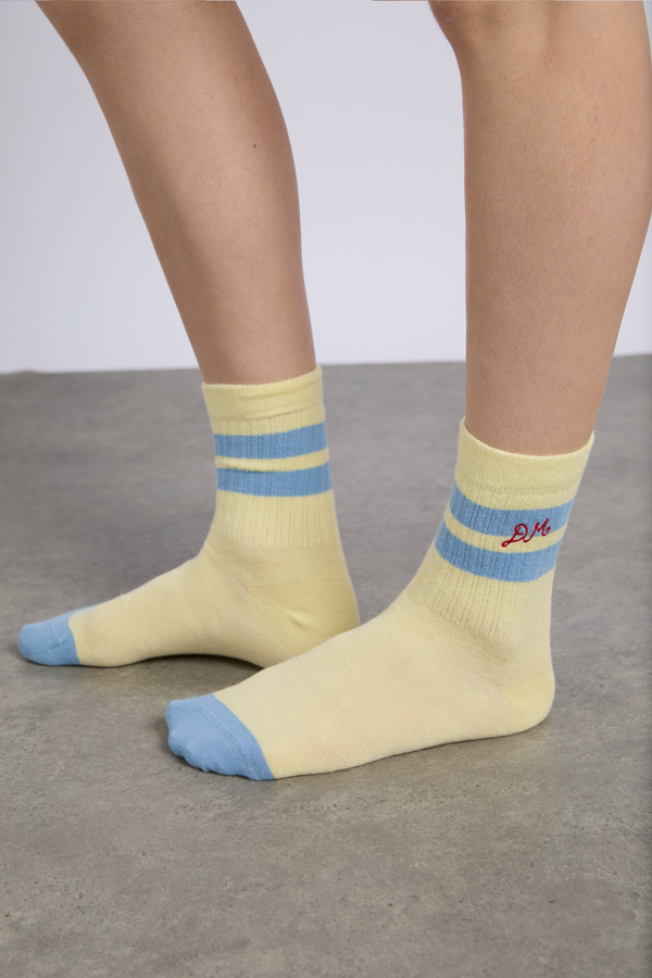damson madder sporty calf length socks in yellow and blue