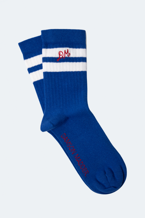 damson madder sporty calf socks in cobalt with ecru stripe