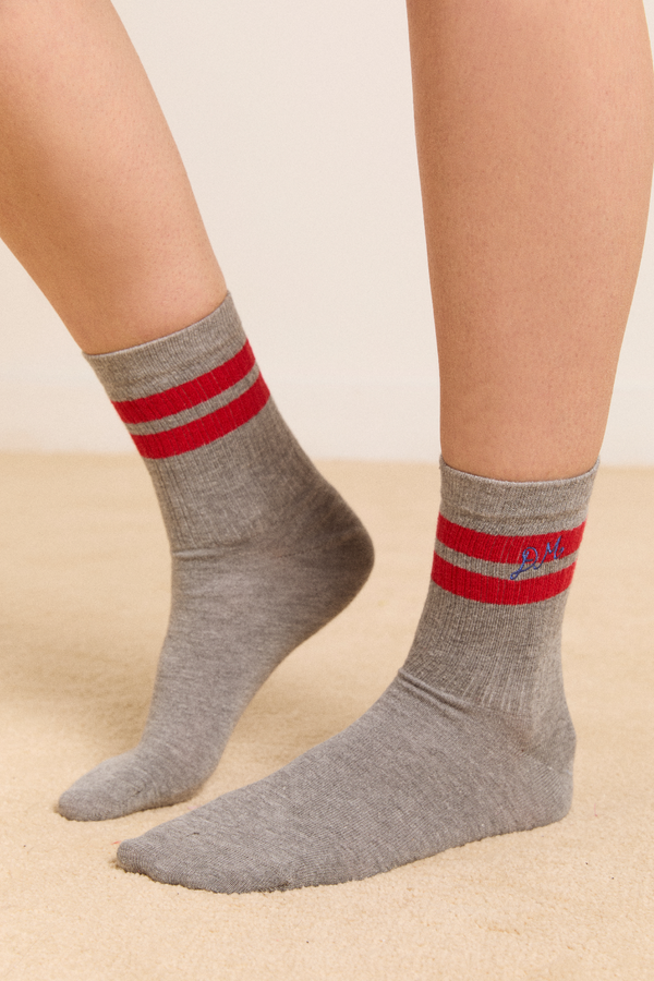 Damson Madder Sporty Calf Socks In Grey Marl With Red Stripe