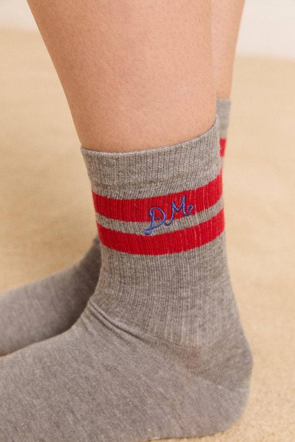 Damson Madder Sporty Calf Socks In Grey Marl With Red Stripe