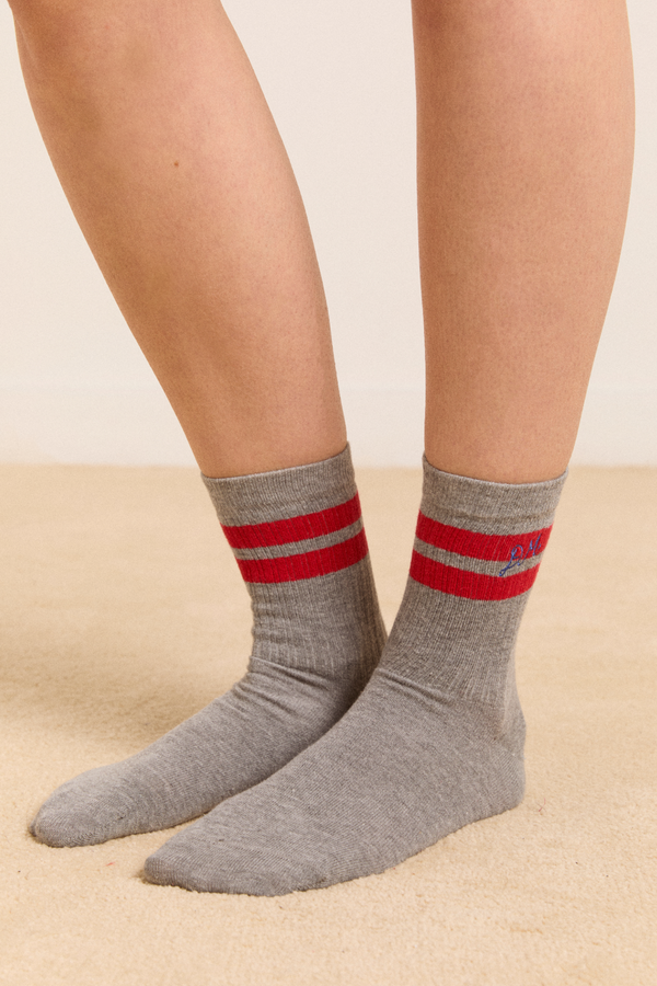 Damson Madder Sporty Calf Socks In Grey Marl With Red Stripe