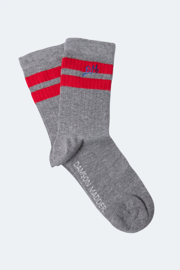 damson madder sporty calf socks in grey marl with red stripe