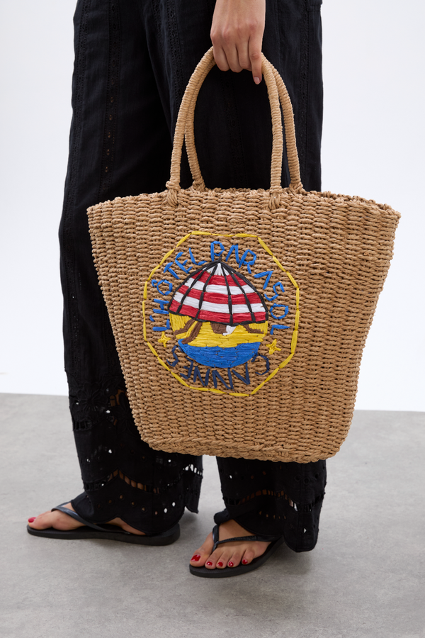 Damson Madder Straw Market Bag With L'hotel Embroidery