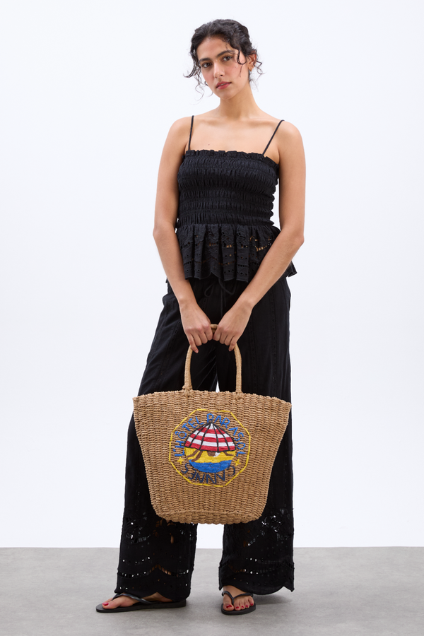 Damson Madder Straw Market Bag With L'hotel Embroidery