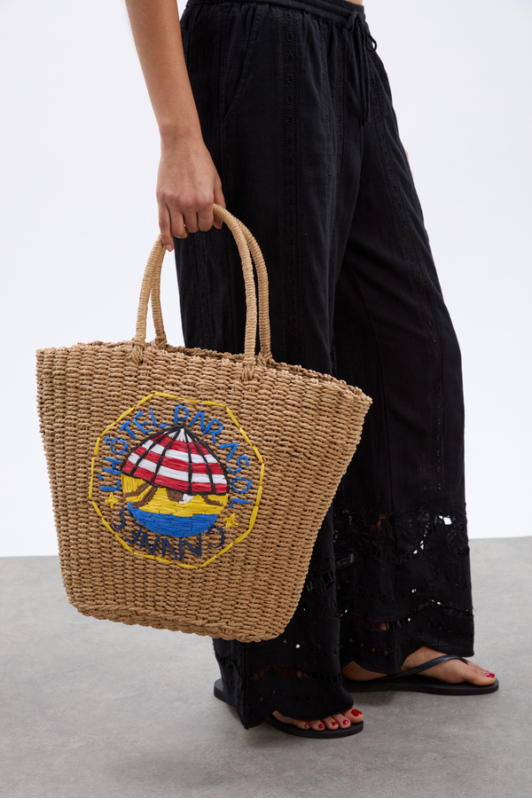 Damson Madder Straw Market Bag With L'hotel Embroidery