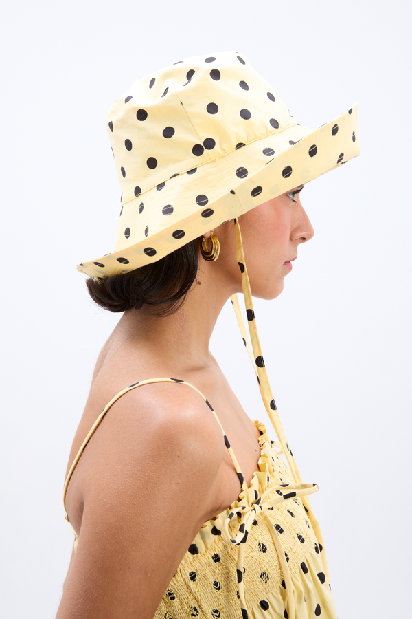 Damson Madder Sunhat In Butter Yellow & Black Polka Dot