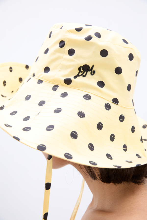 Damson Madder Sunhat In Butter Yellow & Black Polka Dot
