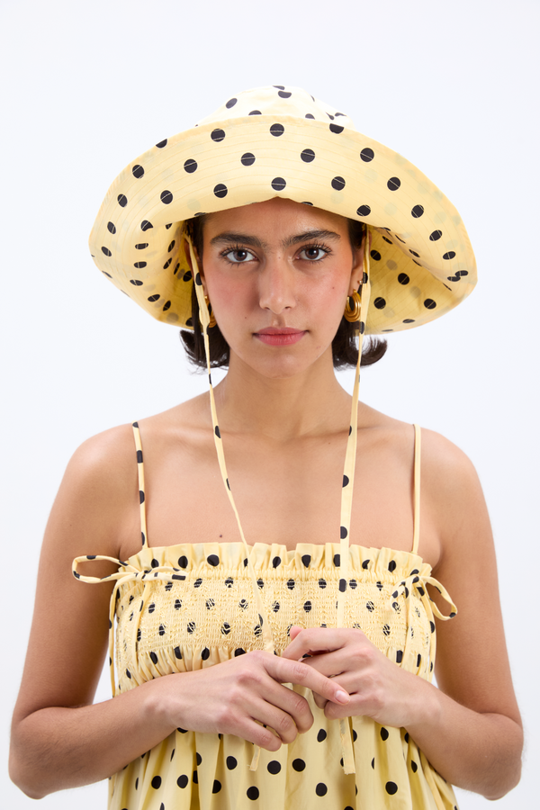 Damson Madder Sunhat In Butter Yellow & Black Polka Dot