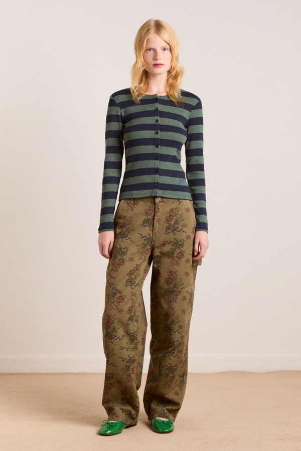 Damson Madder Sybil Stripe Crew Cardigan - Green/navy Stripe