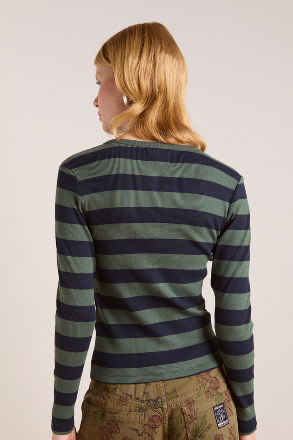 Damson Madder Sybil Stripe Crew Cardigan - Green/navy Stripe