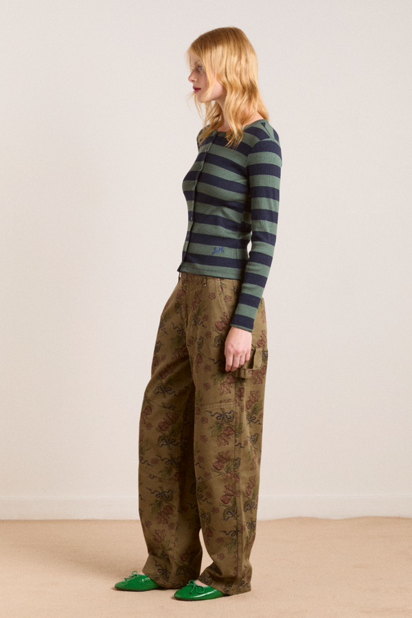 Damson Madder Sybil Stripe Crew Cardigan - Green/navy Stripe