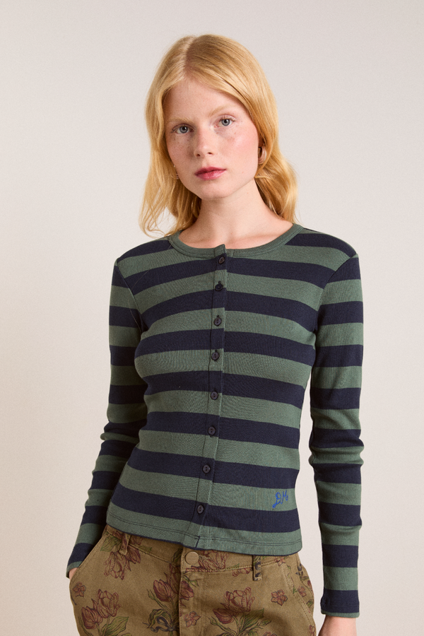 damson madder sybil stripe crew cardigan - green/navy stripe