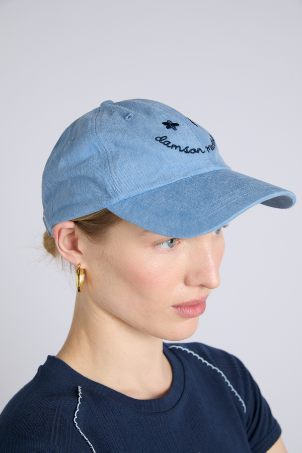 Damson Madder Washed Smiley Cap In Blue With Navy Embroidery