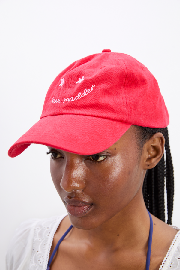 Damson Madder Washed Smiley Cap In Red With Pink Embroidery