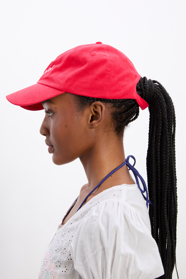 Damson Madder Washed Smiley Cap In Red With Pink Embroidery