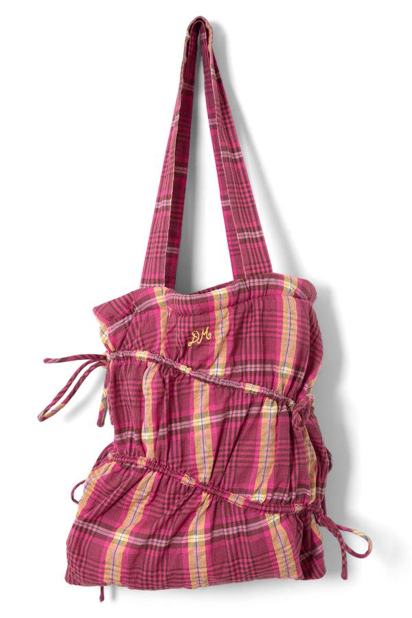 Damson Madder Wavy Bow Tote Bag In Pink & Khaki Check
