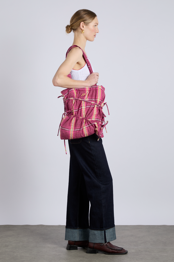 Damson Madder Wavy Bow Tote Bag In Pink & Khaki Check