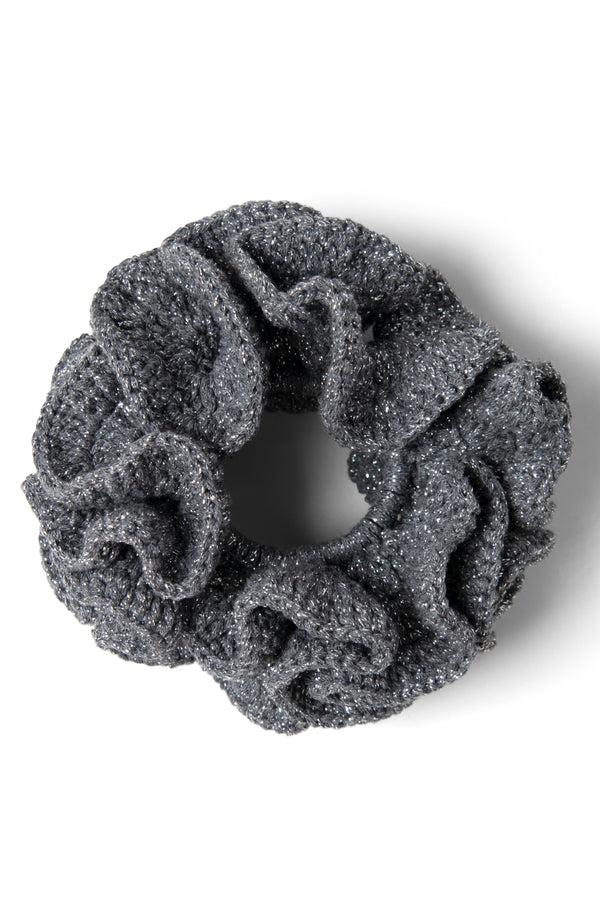 damson madder wiggle crochet scrunchie in silver metallic knit
