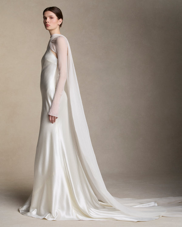 Danielle Frankel Mari Crinkle Chiffon Sleeves GOWN PEARL