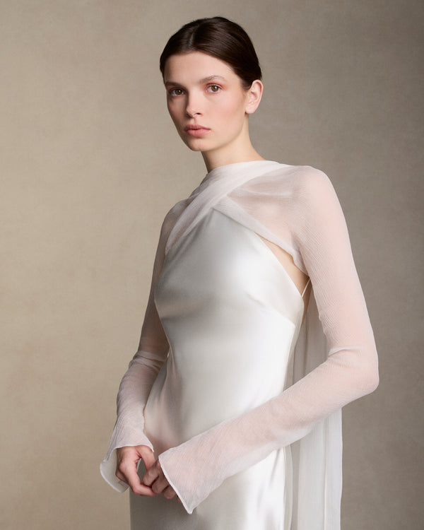 Danielle Frankel Mari Crinkle Chiffon Sleeves GOWN PEARL