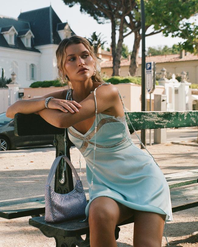 Dannijo Blue Mist Mini Dress W/ Lace Panel & Beaded Tie Straps