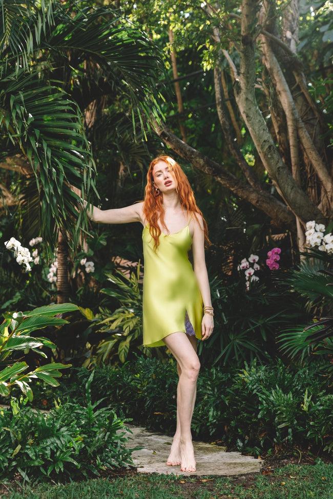 Dannijo Chartreuse Mini Slip W/ Lace Godet