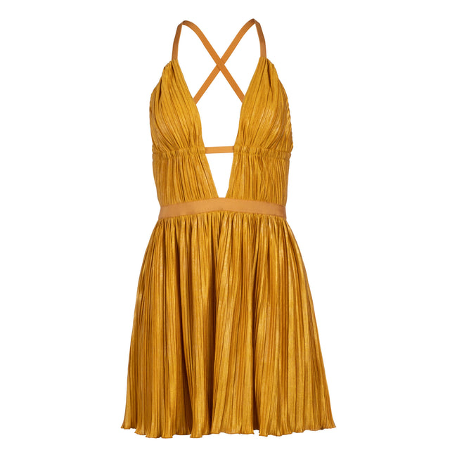 dannijo Pleated Gold Coast Plunge Neck Mini Dress