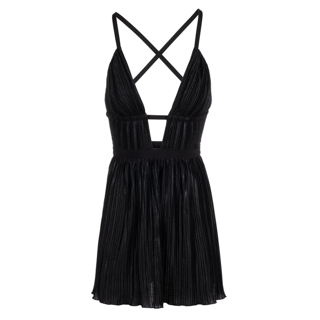 dannijo Pleated Noir Plunge Neck Mini Dress