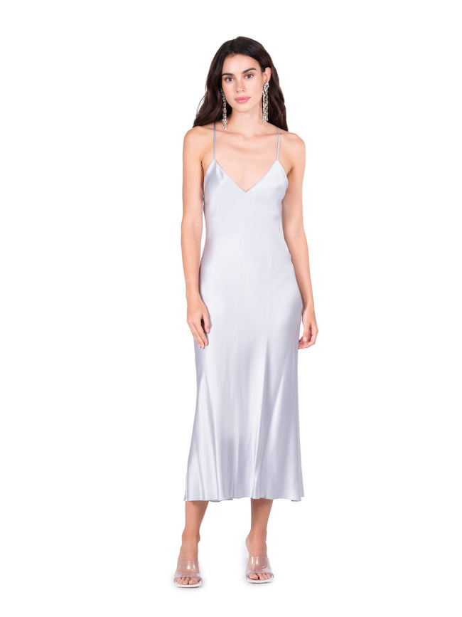 dannijo Silver Blue Open Back Cross Strap Midi Slip Dress