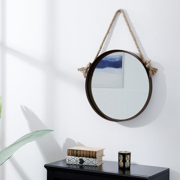 danya b 18in Dark Brown Iron Framed Round Accent Mirror with Hanging Rope
