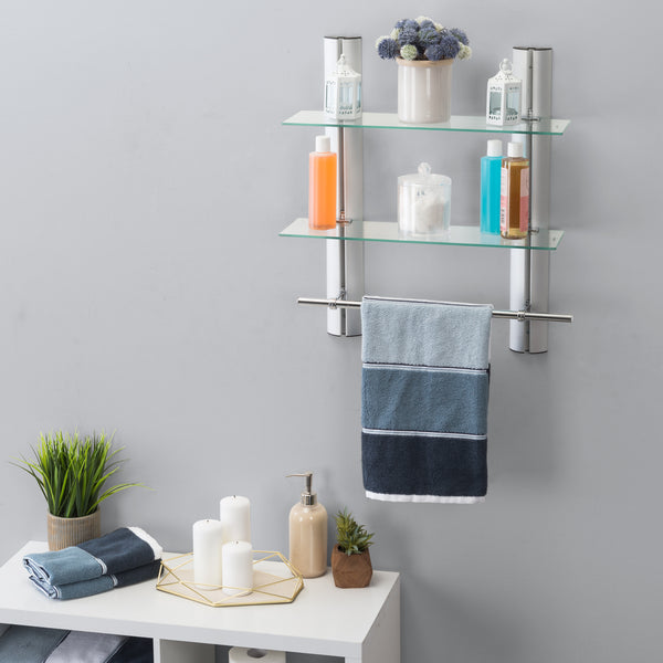 danya b 2 Tier Adjustable Glass Shelf with Aluminum Frame and Towel Bar