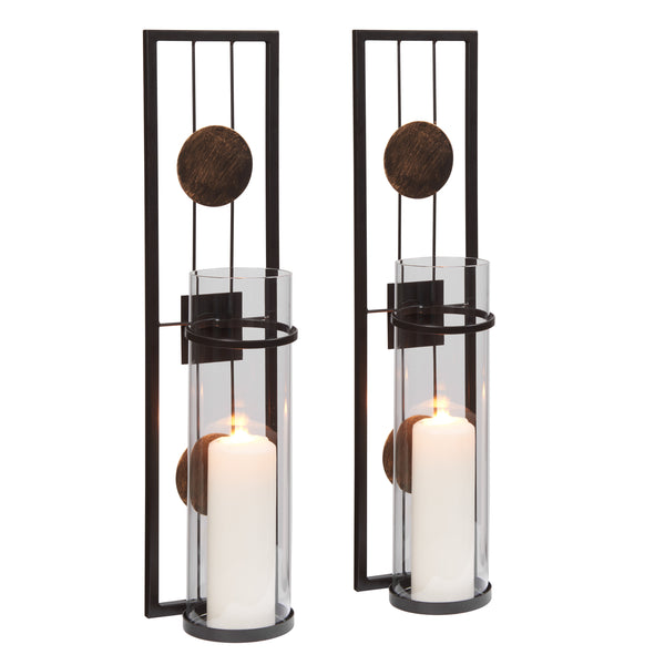 Danya B 20 In. Modern Floating Decorative Metal Medallion Pillar Candle Sconces – Wall Mount – Set Of 2
