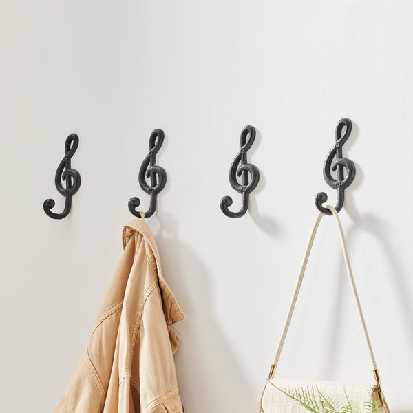 Danya B 4 Piece Dark Brown Cast Iron Musical Note Treble Clef Decorative Wall Sculpture Figure Utility Hook Set