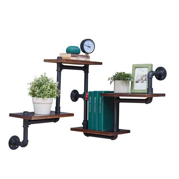 Danya B 4-Tier Floating Corner Or Flat Wall Shelf Staggered Floating Industrial Rustic Pipe Shelving Unit – Wall Mount